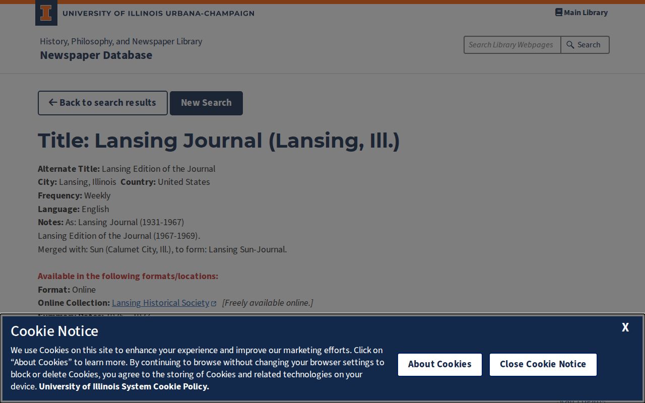 University of Illinois Lansing Journal publication directory record
