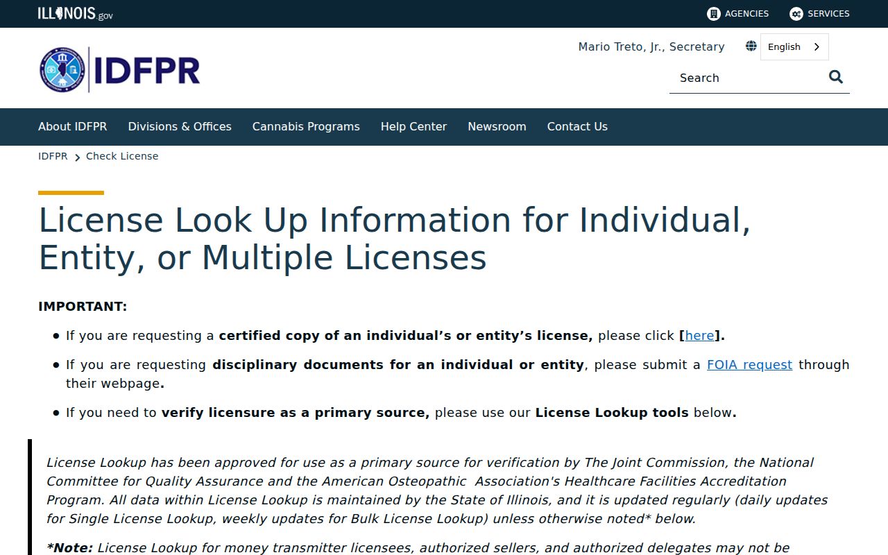 Illinois IDFPR professional license lookup used for a Lansing resident search