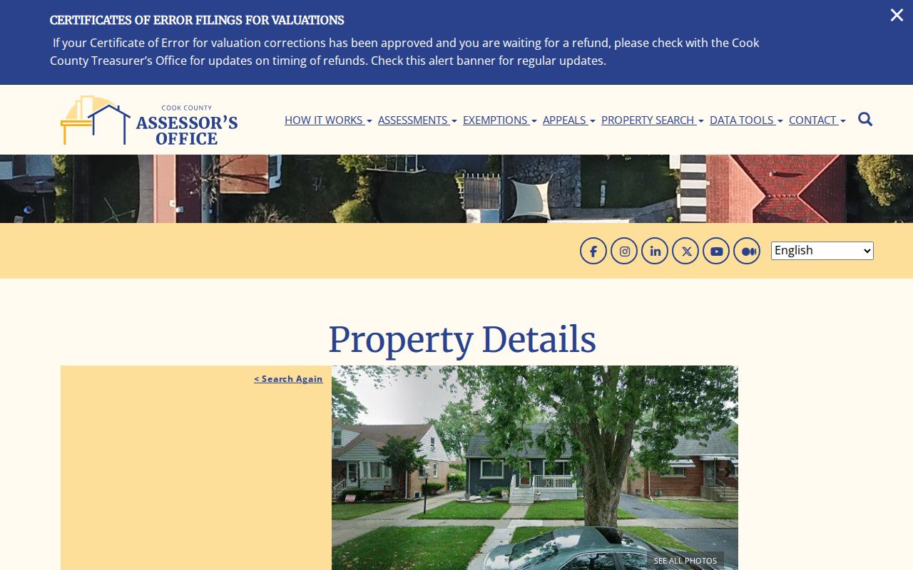 Cook County Assessor parcel card for a Lansing address