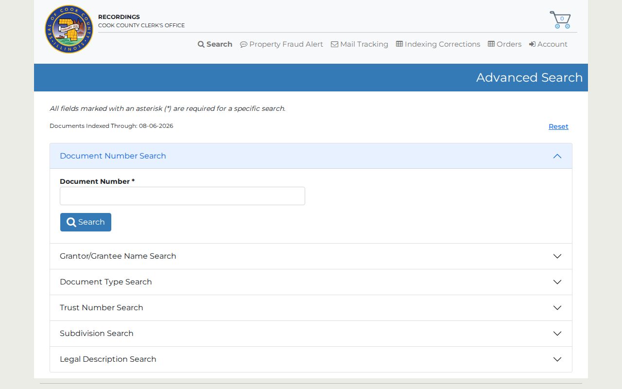 Cook County Clerk advanced recorded-document search fields