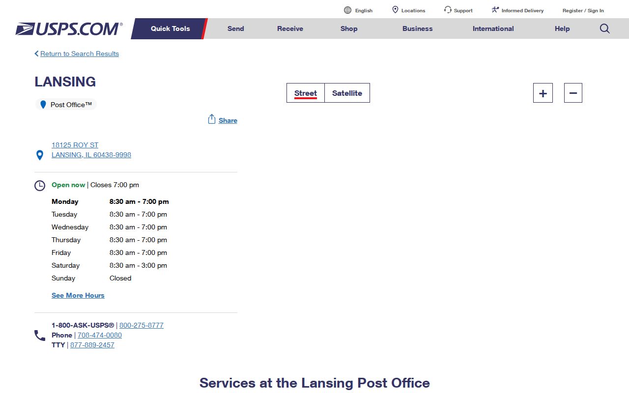USPS Lansing Post Office details for ZIP code 60438